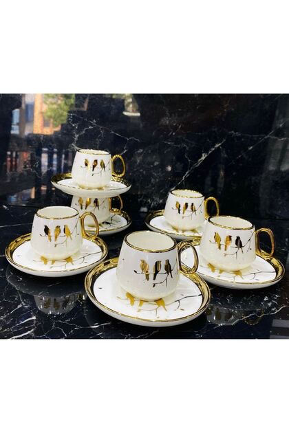 6-Piece Gold Gilt Turkish Coffee Cup Set with Bird Figures