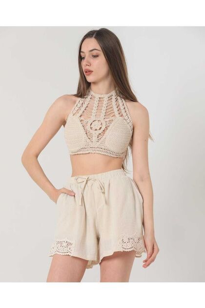 Lace Embroidered Beige Color Short Shorts 100% Linen