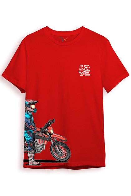 Cross Motor Enduro Equipment Chest and Side Detail Printed Regular Fit 100% Cotton Red T-Shirt