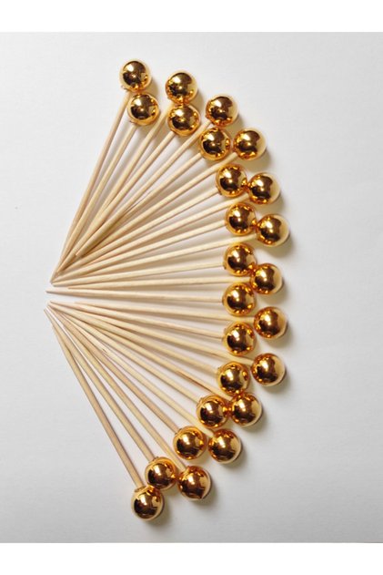 50 Adet Dekoratif Yuvarlak Incili Kürdan 6 Cm Gold - Incili Pasta Kürdanı - Inci 8 Mm
