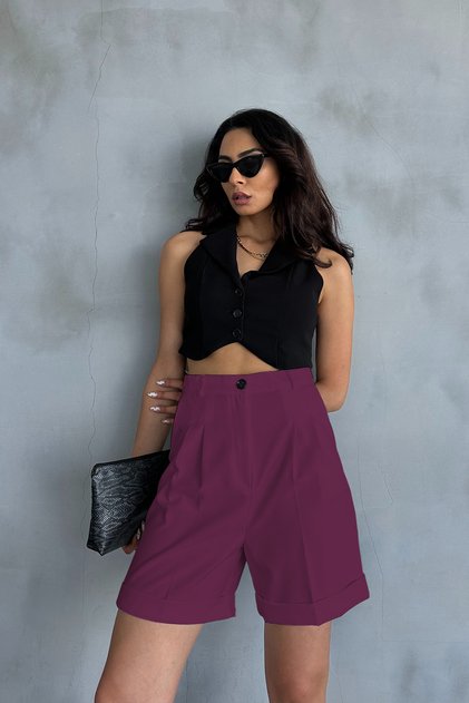 Plum Double-Legged Pleated Fabric Palazzo Shorts