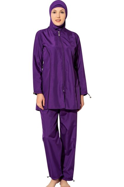 Long Sleeve Plain Simple Full Coverage Hijab Swimsuit 7102 Purple Plus Size