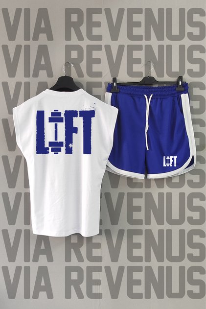 Lift Back Printed Zero Sleeve Crew Neck White Sports Tshirt and Blue Sports Shorts Set