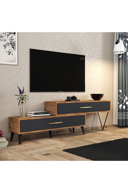 TV Ünitesi Modern TV Sehpası Üçgen Metal Ayaklı Tasarım 180 Cm Çam