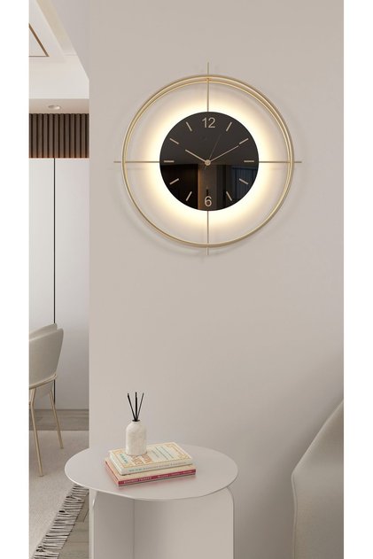 Büyük Boy (55*55 CM) Gold Deluxe Ledli(PİLLİ) - Siyah Göbek - Modern Dekoratif Metal Duvar Saati