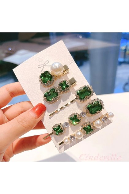 5-Piece New Season Women's Green Jewelled Buckle Set - Luxury Side Snap Clip Collet Buckle Set