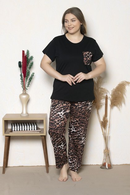 Plus Size Leopard Patterned Short Sleeve Oversize Pajamas Set B-28