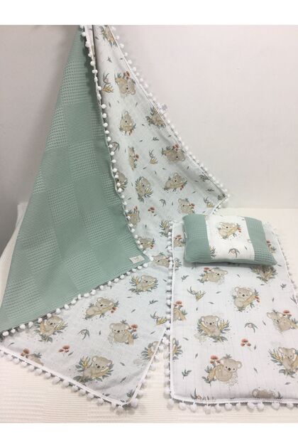 Green, Muslin and Pompom Bottom Opening, Pillow and Blanket Set of 3