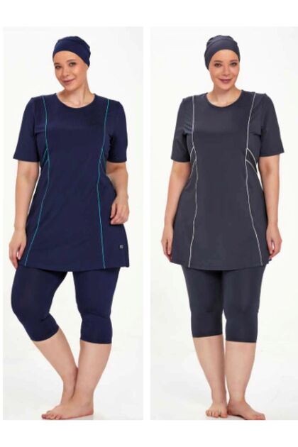 Plus Size Short Sleeve Above Knee Leggings Women's Pool Swimsuit Dark Navy Blue