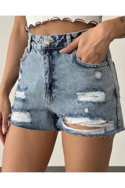 Ripped Detached Pocketed Distressed Grinding Tasseled High Waist Women's Denim Jeans Shorts with Pockets