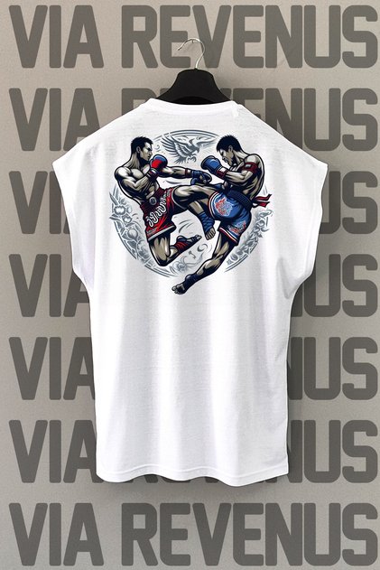 Muay Thai Back Printed Sleeveless White Sports T-Shirt