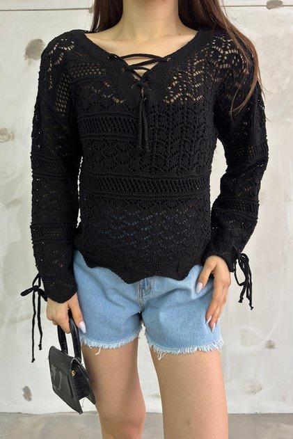 Women's Black Neck and Sleeve Rope Detailed Knitwear Blouse