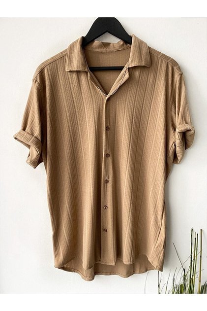 Men's Beige Patterned Cotton Summer Short Sleeve Shirt