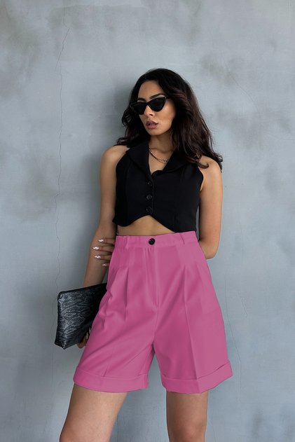Pink Double-Cuffed Pleated Fabric Palazzo Shorts