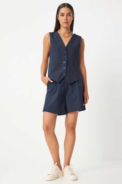 Women's Navy Blue V-Neck Vest Shorts Set To00144