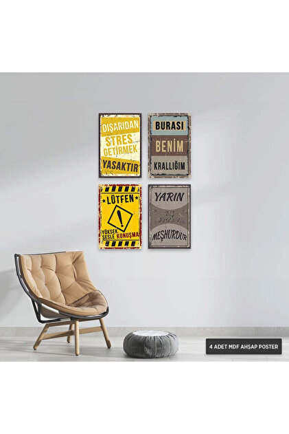 Dekolera PS1001 - Türkçe Retro Mdf Ahşap Poster Set (4 Adet