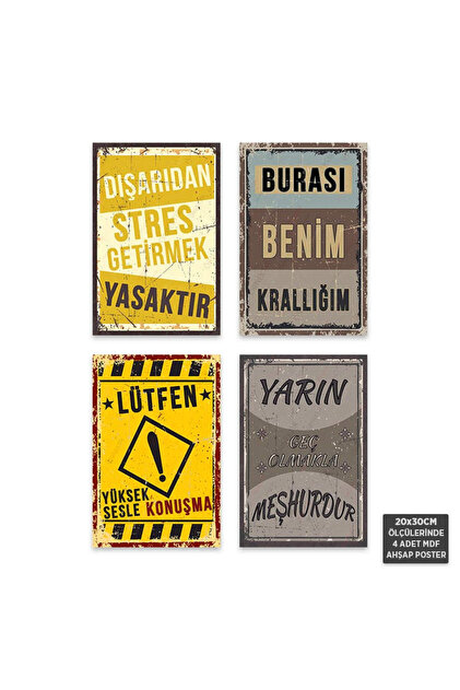 レトロ風広告プレートセット Dekolera PS1001 - Türkçe Retro Mdf Ahşap Poster Set (4 Adet