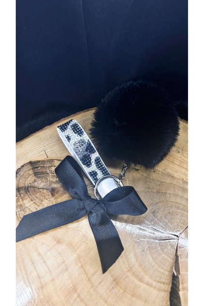 Stoned Keychain Black Gray Leopard Pattern Large Pompom and Ribbon Set Bekaks