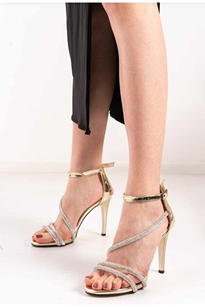 Afilli Women's Rose Gold Jewelled Thin High Heels Thin Single Band Open  Lace Up Evening Dress Sandals Shoes- Trendyol