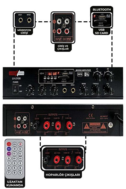 Lastvoice Lv-2100 Hat Trafolu 2 Bölgeli Stereo Anfi 2x100w Usb-bt