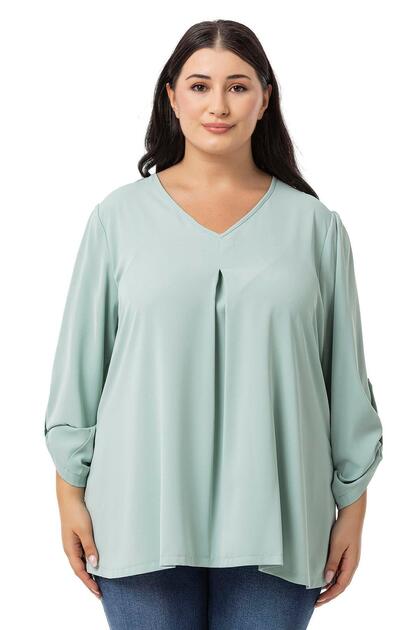 Plus Size V-Neck Pleated Front Folded Sleeve Mint Green Blouse