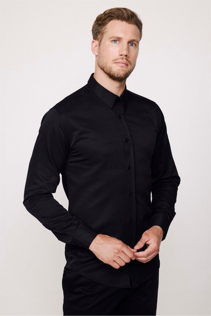 Modern Slim Fit Long Sleeve Cotton Easy-Iron Dobby Men's Black Shirt