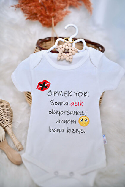 qoeuyl boutique Öpmek Yasaktır Baskılı Çıtçıtlı %100 Pamuklu Beyaz