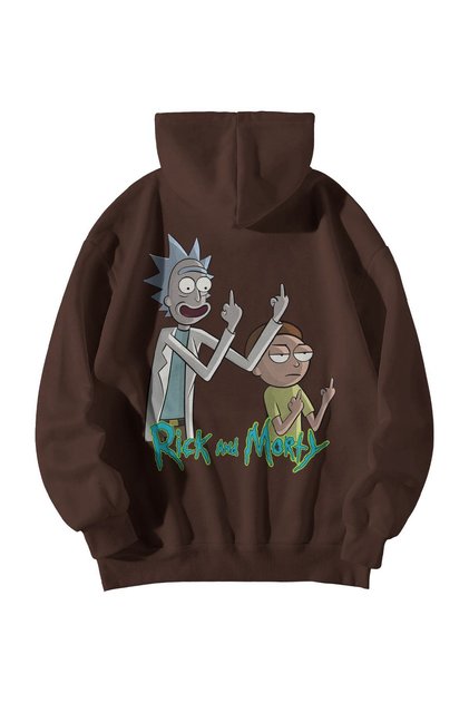 Brown Unisex Oversize Hooded Kangaroo Pocket Middle Finger RickMorty Printed Sweatshirt Hoodie