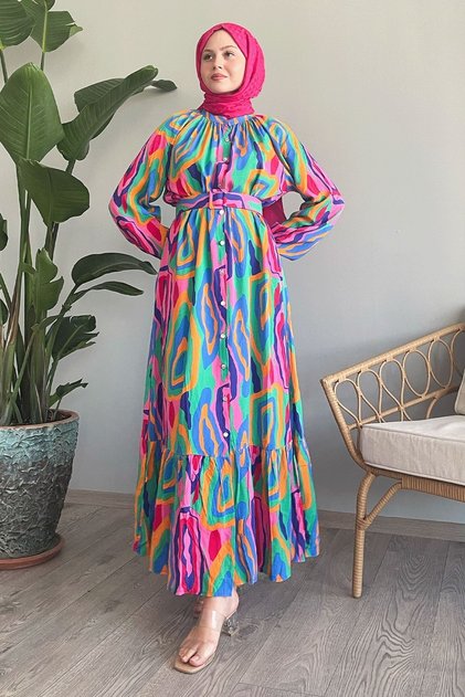 Oval Şeritli Kemerli Pembe Viskon Elbise