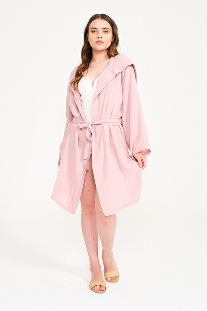 Miespiga Pamuklu Kısa Kapüşonlu Müslin Kadın Bornoz Pembe - Fiyatı