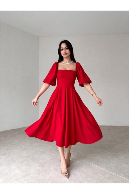 Square Neck Balloon Sleeve Pleated Midi Dress