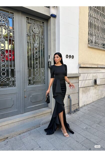 mafdress Black Scuba Fabric - Flounced Skirt Evening Dress- Trendyol