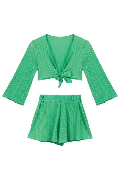 Girl's Pleated Green Crop Top-Shorts Set