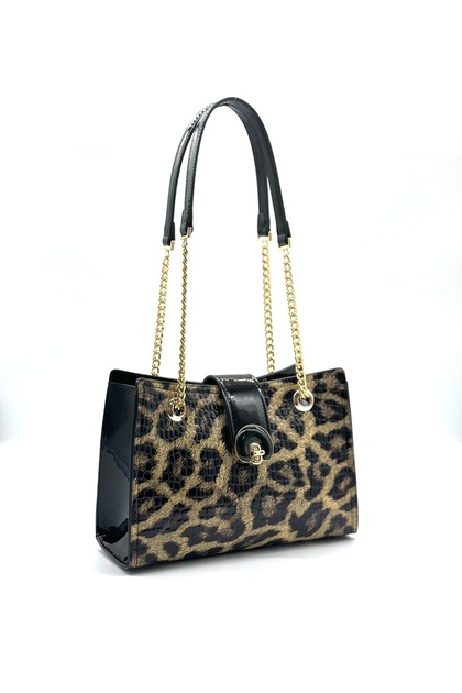 Medium Size Shoulder Bag with Chain Detail 3054 Leopard Yellow