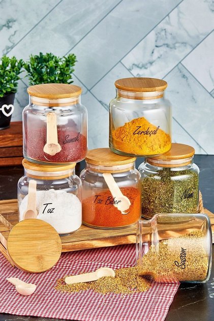 6 Pieces of Glass Spice Rack with Lids and Labels 500 ml and 6 Spice Spoons