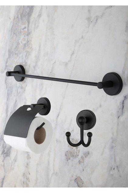 Bathroom Set, Black, Flat Towel Holder, Covered Toilet Roll Holder, Bathrobe Holder - Matte Black