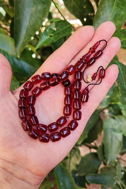 10X9 mm Ali Agiş Expertly Crafted Cherry Color Dice Amber Prayer Beads - Transparent Delim Prayer Beads