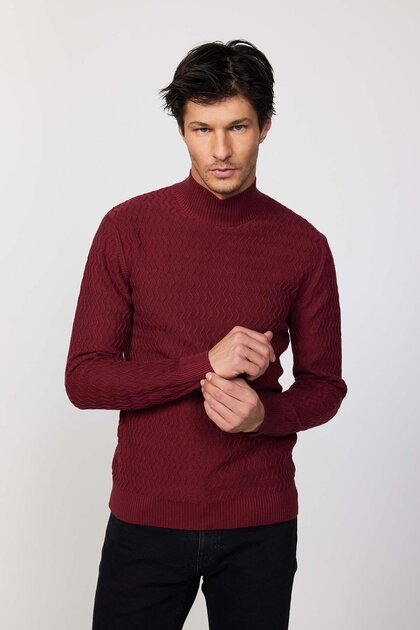 Slim Fit Slim Fit Half Turtleneck Patterned Non-Pilling Claret Red Men's Knitwear Sweater