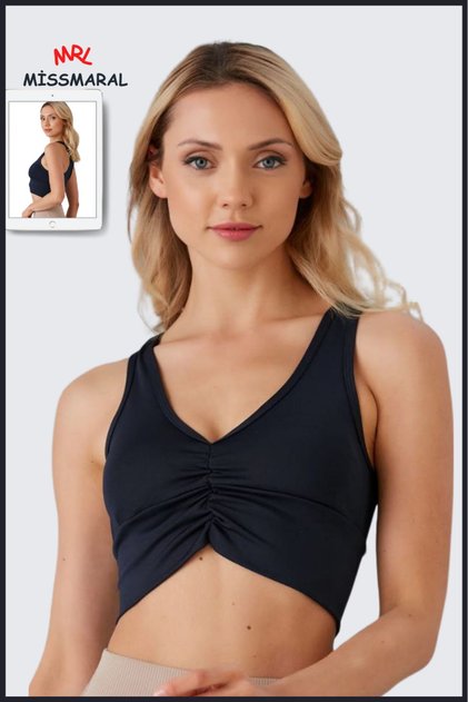 Navy Blue Lightly Supported Covered Front Gathered Crop Top Bustier for Sports and Daily Use 5101