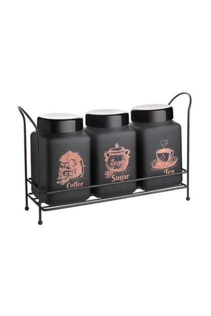 3-Piece Glass Spice Rack Set with Metal Stand Black Rose