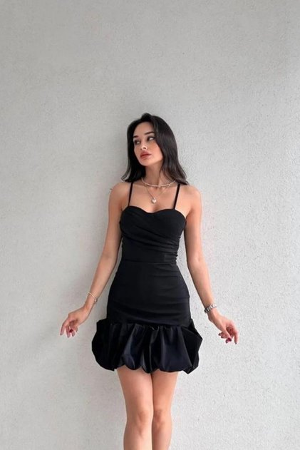 Ayarlanabilir İnce Askılı Göğüs Kısmı Drape Detaylı Kadın Siyah Mini Elbise