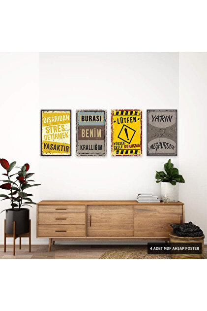 Dekolera PS1001 - Türkçe Retro Mdf Ahşap Poster Set (4 Adet