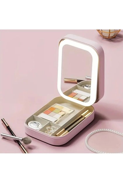 Makeup Bag Aynalı Led Işıklı Katlanabilir Pembe Makyaj Kutusu
