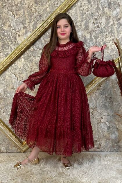 Lace Style Claret Red Children's Evening Dress with Bag, Age 10/13 Aby4555