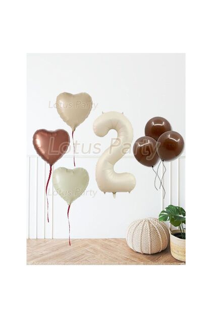 2 Years Old Bohemian Mini Birthday Set Nude Cream Color Brown Heart - Cream Color Foil Number Balloon