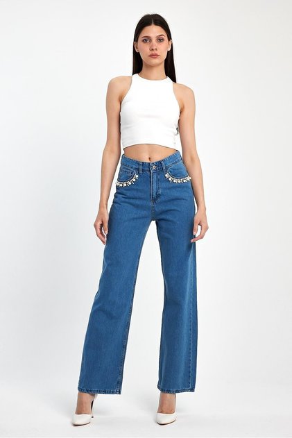 Light Blue Women's 100% Cotton Denim Jean Trousers with Pocket Stone and Pearl Detail