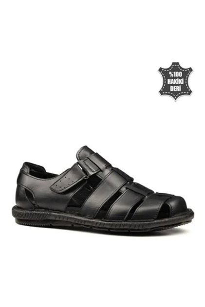 Erkek Siyah Ortopedik Deri Sandalet