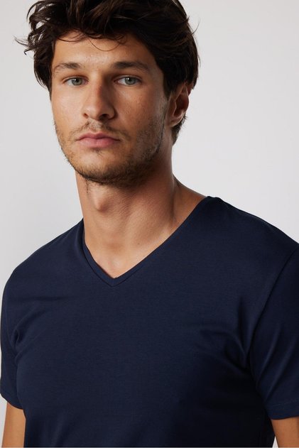 Men's Slim Fit Slim Fit Cotton Soft Texture Lycra Stretch Fabric Plain Basic Navy Blue V-Neck T-Shirt