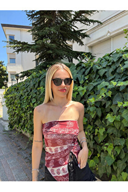 Zechka Kadın Kahverengi Transparan Straplez Tül Crop Bluz