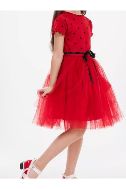Heart Patterned Lined Tulle Cotton Flexible Woven Children's Dress